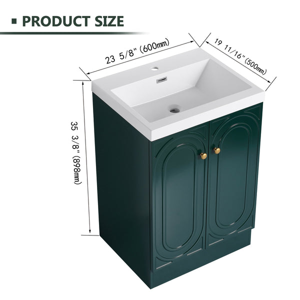 English Elm 24" Freestanding Bathroom Vanity with Resin Integrated Sink, Soft-Close Doors, Adjustable Shelf, Durable Plywood Finish Dark Green W999S00270