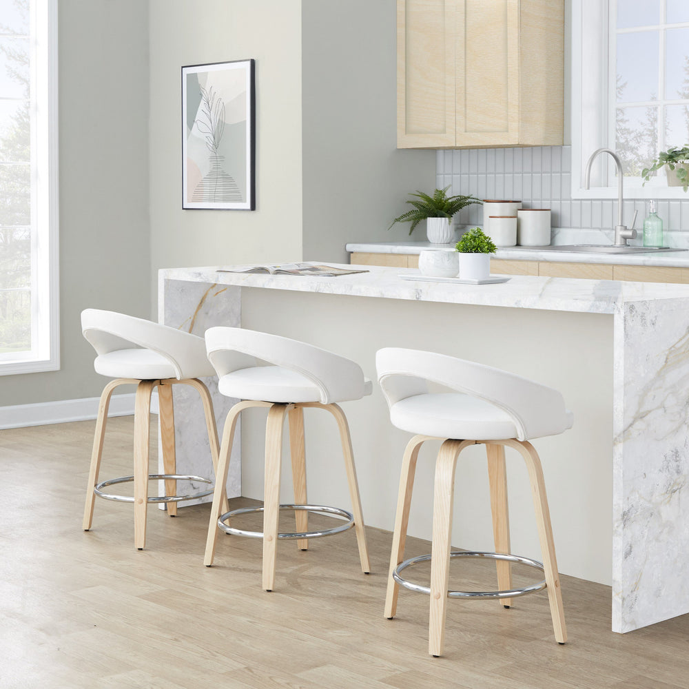 English Elm Fixed-height Swivel Counterstools with Velvet Seats Bent Wood Legs and Chrome Footrest B202S01764