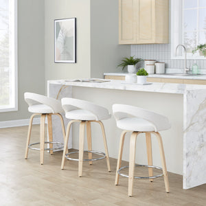 English Elm Fixed-height Swivel Counterstools with Velvet Seats Bent Wood Legs and Chrome Footrest B202S01764