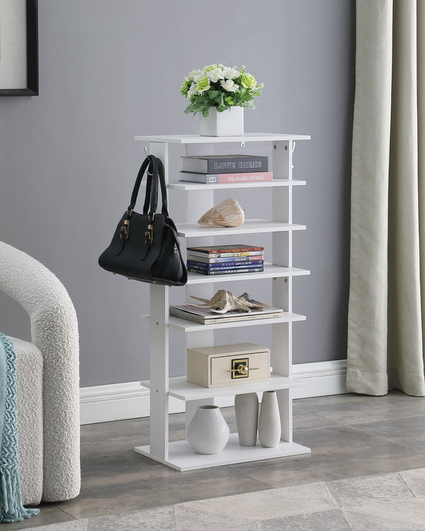 English Elm Vertical 7-Tier Shoe Rack with Hooks — Space-Saving White Organizer for Entryway, Closet, Garage W3151P345978