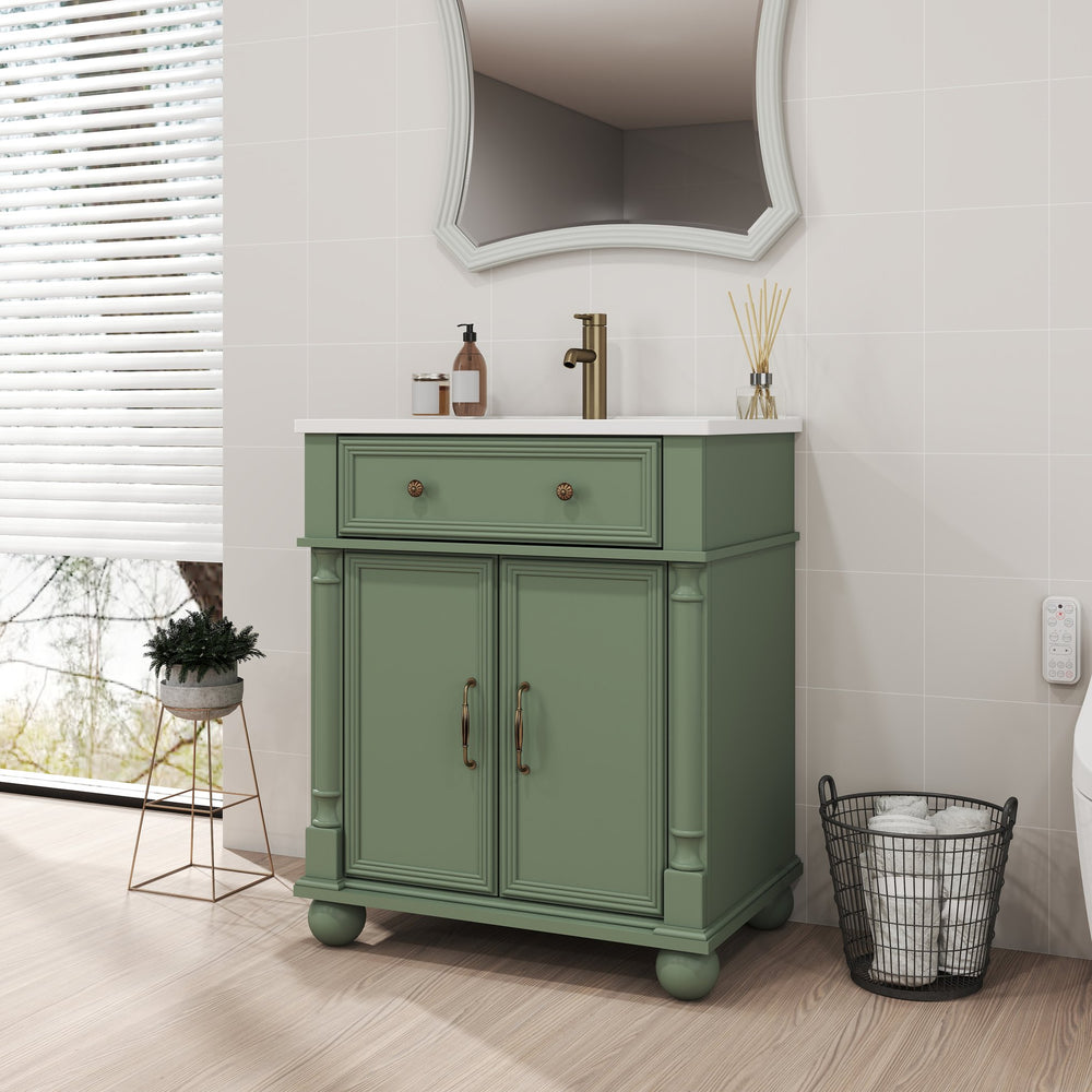 English Elm 27.8" Mid-century Freestanding Bathroom Vanity with Ceramic Sink Drawer and Wood Base Green W1801S00007