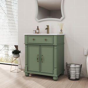 English Elm 27.8" Mid-century Freestanding Bathroom Vanity with Ceramic Sink Drawer and Wood Base Green W1801S00007