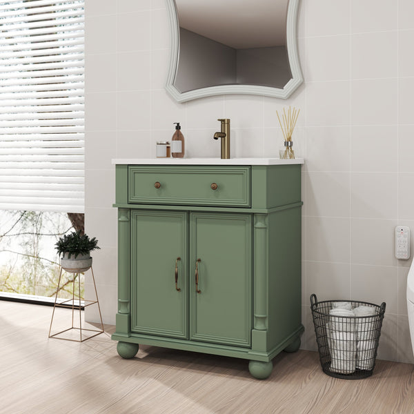 English Elm 27.8" Mid-century Freestanding Bathroom Vanity with Ceramic Sink Drawer and Wood Base Green W1801S00007