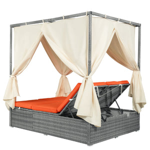 English Elm U_style Outdoor Rattan Steel Chaise Lounge with Shade Canopy and Reclining Cushioned Sunbed Orange WY000471AAO