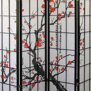 English Elm 70" Elegant 4-Panel Room Divider With Plum Blossom Design, Black Frame For Privacy & Style B072115960