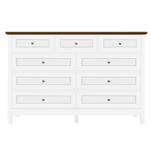 English Elm Wood Rustic Storage Dresser with 9 Drawers, Silver Handles and X Side Accents for Stylish Storage White N709P288888K