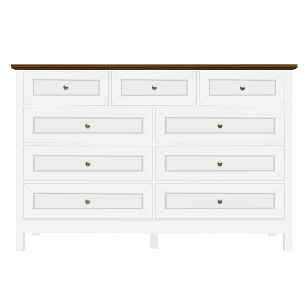 English Elm Wood Rustic Storage Dresser with 9 Drawers, Silver Handles and X Side Accents for Stylish Storage White N709P288888K