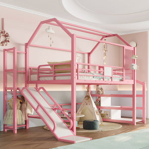 English Elm Full Full House Loft bed with Slide and Stairs, Metal House Play Loft with Storage Shelves and Quiet Design Pink W1580S00351