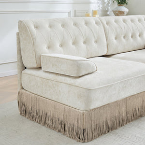 English Elm U Shaped Modular Sectional Sofa Chesterfield Tufted Velvet with Tassel Fringe Skirt Beige W714S01687