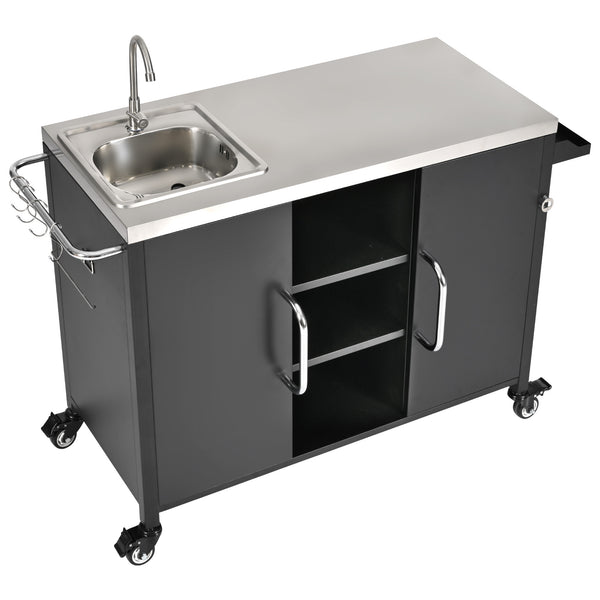 English Elm K&K Outdoor Kitchen Island with 304 Sink, Thick Stainless Top, Spice Rack, Trash Holder, Locking Wheels, BBQ Prep Station N707P270780B