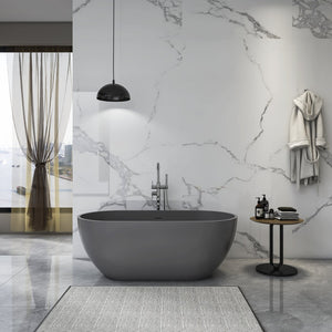 English Elm 59 Inch Stone Resin Freestanding Bathtub Oval Spa Soaking Tub for Small Bathrooms Grey W1613P355474