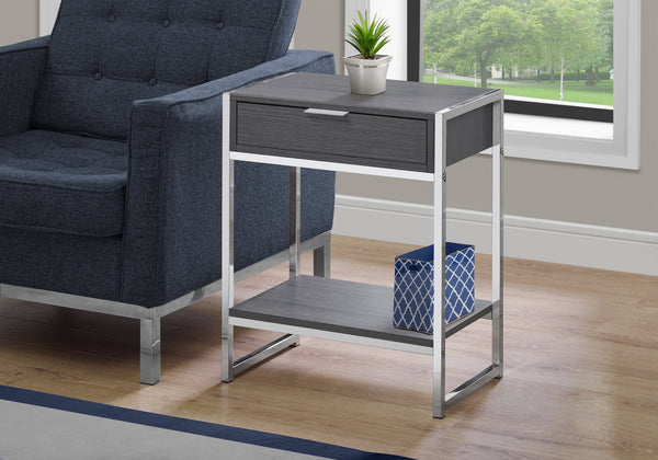English Elm Accent Table - Modern Grey Laminate & Chrome Metal With Storage Drawer For Living Room & Bedroom B2710P219307