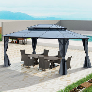 English Elm 12' X 16' Gazebo Hardtop Canopy With Netting & Curtains - Stylish Aluminum Pavilion For Outdoor Events W765S00009