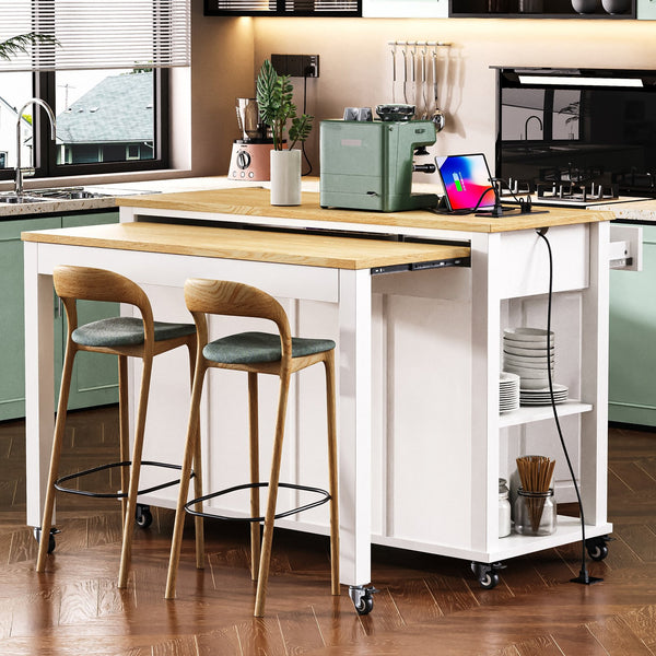 English Elm K&k Farmhouse Kitchen Island Extendable Table Rubber Wood Veneer Built-in Charging Storage White N707S215327W
