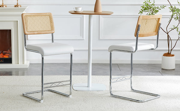 English Elm Natural Rattan Backrest Counter Stools Set of 4 with Chrome Legs and Pu Leather Seats W2920S00106