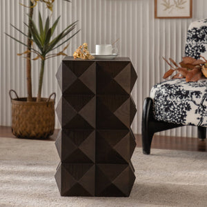 English Elm 23.62"Height Vintage Embossed Retro Side Table with Three-Dimensional Carved Pattern Durable Wood Nightstand Brown W757P250946