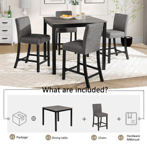 English Elm 5-Piece Counter Height Table Set With 4 Chairs - Stylish Light Grey & Black Design For Modern Dining W1998P195205
