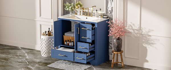 English Elm 36" Traditional Bathroom Vanity with Ceramic Sink, Solid Wood Cabinet, Soft-Close Doors & Drawers Blue N729P251630C
