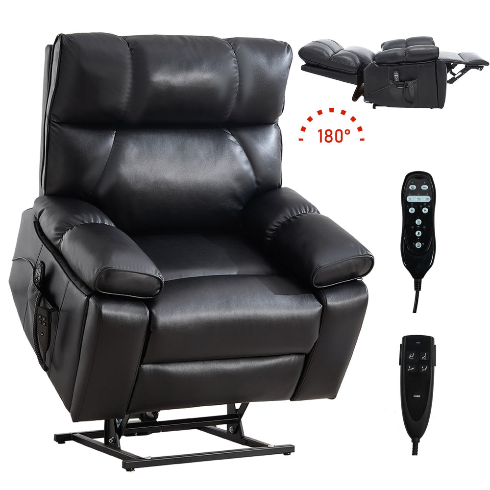 English Elm Black Leatheraire Power Lift Recliner with Massage Heat and 350 Lb Dual Motor W1803P340318