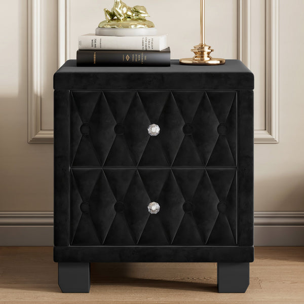 English Elm Elegant Velvet Upholstered Nightstand with Crystal Knobs Tufted Glam Bedside Storage Black N733P210398B