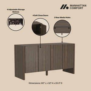 English Elm Linda 60" Sideboard with Soft-Close Doors, Adjustable Shelves, Cable Management, Minimalist Design Walnut Brown B365P397682