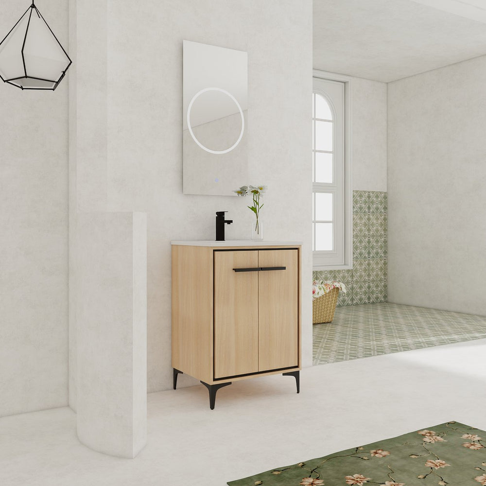 English Elm 24 Inch Oak Bathroom Vanity Base with Basin — Engineered Wood, Double-Door Storage, Minimalist Chic W1972S00003