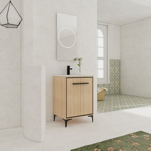 English Elm 24 Inch Oak Bathroom Vanity Base with Basin — Engineered Wood, Double-Door Storage, Minimalist Chic W1972S00003