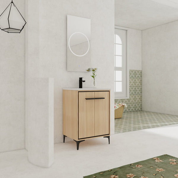 English Elm 24 Inch Oak Bathroom Vanity Base with Basin — Engineered Wood, Double-Door Storage, Minimalist Chic W1972S00003