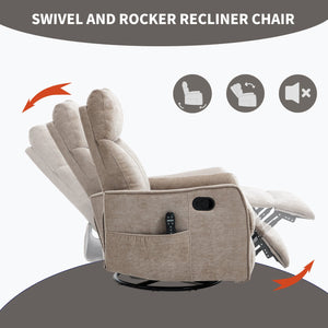 English Elm Beige Fabric Swivel Rocker Recliner with Massage Nodes and Lumbar Heat for Living Room Khaki W1803P363422