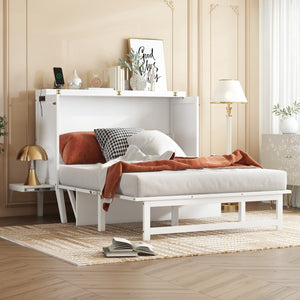English Elm Full Size Murphy Cabinet Bed Solid Pine with Usb Charging Desk Home Office W504S00166