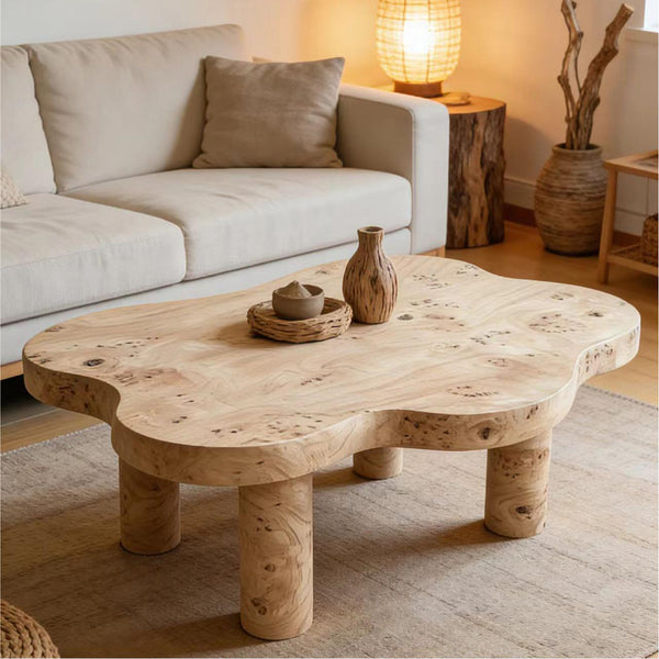 English Elm 40-inch Cloud Shaped Coffee Table Sculptural Mdf Top with Tapered Legs for Living Rooms Natural Wood W3935S00005