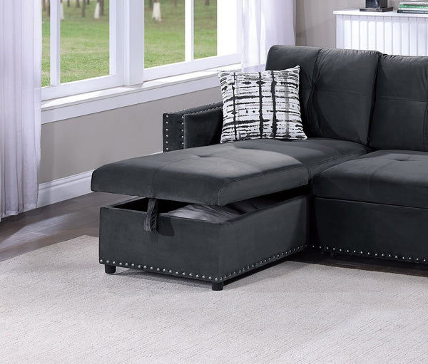 English Elm Black Velvet Convertible Sectional Sofa with Pull-Out Bed, Reversible Storage Chaise, Tufted Elegance B011S01023