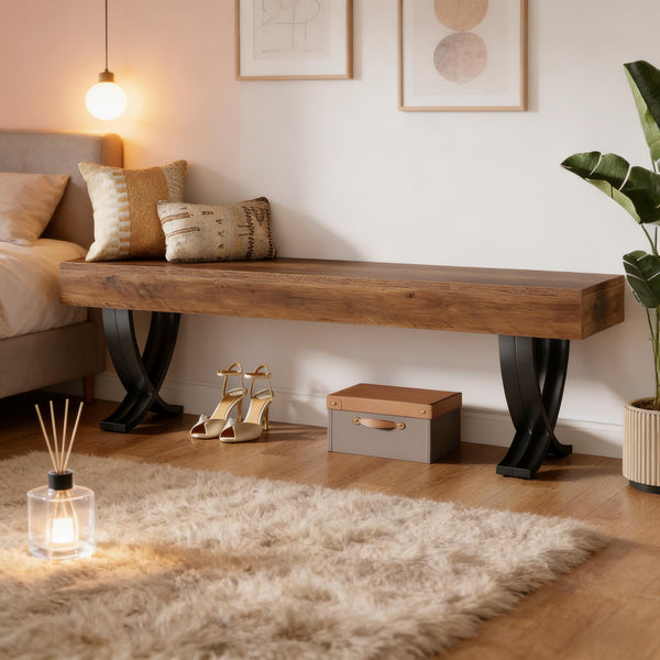 English Elm Plant Bench with X-frame Steel Legs Wood-look Top for Entryway or Bedroom Foot T3971P457935