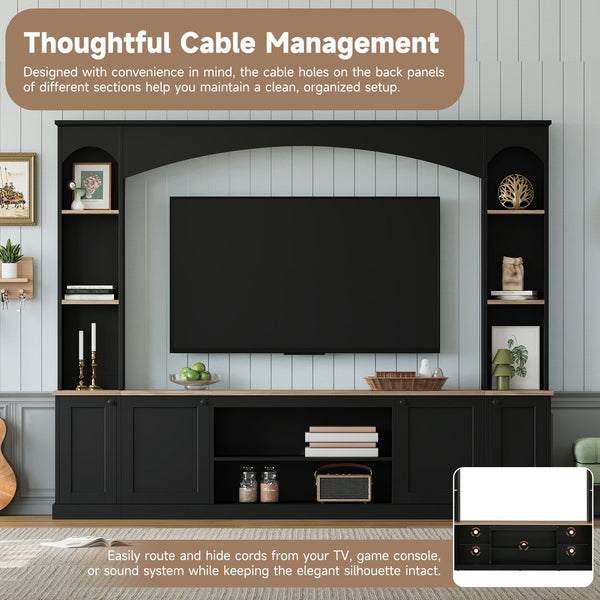 English Elm Arched Farmhouse Entertainment Center with Open Shelving for Living Room Black N721S000063B