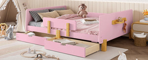 English Elm Twin Low Profile Kids Floor Bed Pine Wood Frame with Safety Rail and Built in Bookshelf Pink W1580P373245