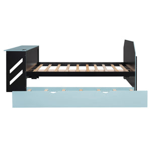 English Elm Full Size Wood Daybed with Twin Trundle Desk and Usb Charging for Teen Rooms Blue LT000262AAC