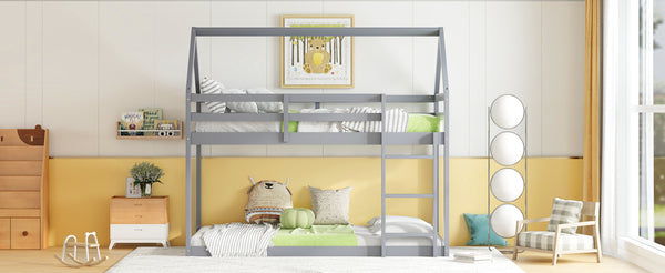 English Elm Twin Rubber Wood Floor Bunk Bed House-Shaped Design with Ladder Guardrails Sturdy Low-Profile Retreat Grey W504P206863