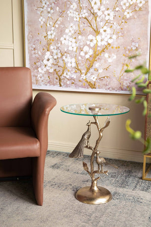 English Elm 17.7x17.7x24" Gold Peacock Round Glass Top Sculptural Aluminum Art Deco Accent Table W2078P461575