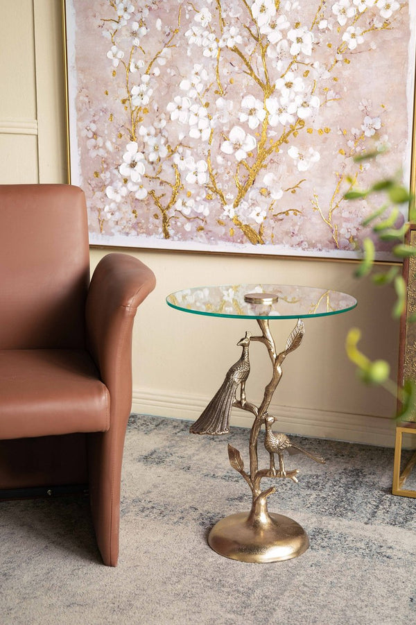 English Elm 17.7x17.7x24" Gold Peacock Round Glass Top Sculptural Aluminum Art Deco Accent Table W2078P461575