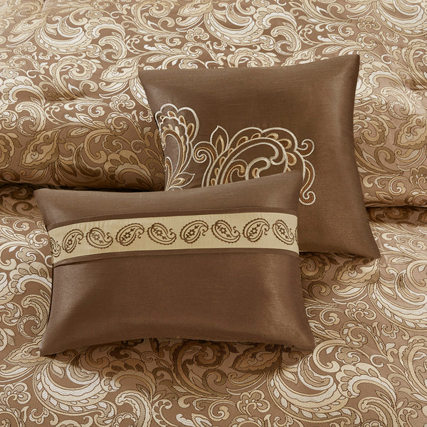 JLA Home Madison Park Essentials - 24 Piece Room in a Bag Complete 24-Piece Jacquard Paisley Bedding Ensemble with Curtains, Elegant Texture Brown MPE10-784