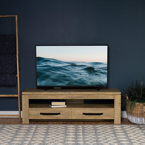 English Elm Tesoro Mango 2-Drawers TV Stand with Open Shelf, Rustic Engineered Wood, Black Pulls, Cord Management B062P376001