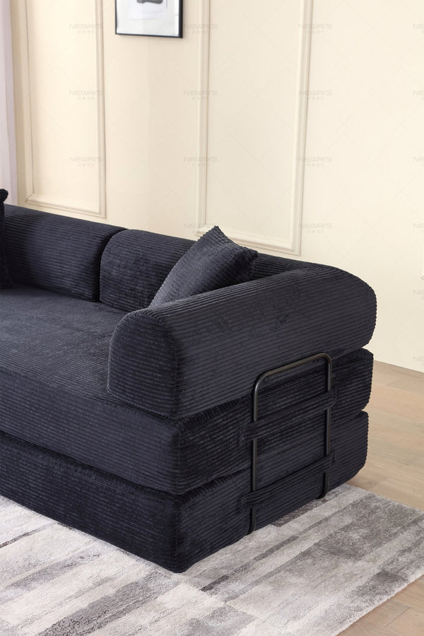 English Elm Convertible Sleeper Sofa Bed Corduroy Folding Mattress Couch with Cylindrical Pillow, Versatile Comfort and Support Black W3199P277913