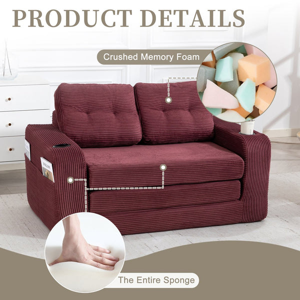 English Elm Convertible Floor Sofa Bed with Memory Foam and Ribbed Corduroy for Small Spaces Wine Red W395P438031