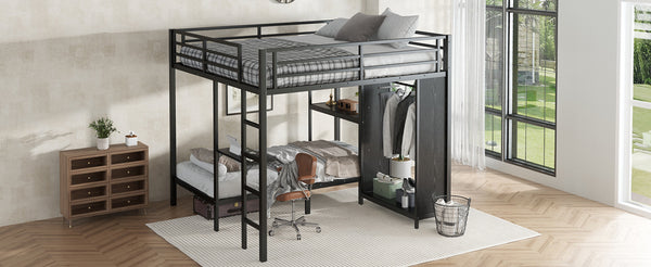English Elm King Metal Bunk Bed King over Twin XL with Built-In Wardrobe, Foldable Desk, Shelf & Sturdy MDF W1580S00111