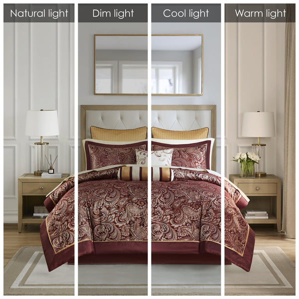 English Elm 12 Piece Comforter Set - Luxurious Burnt Red Jacquard With Cotton Sheets For California King Bed B035128828