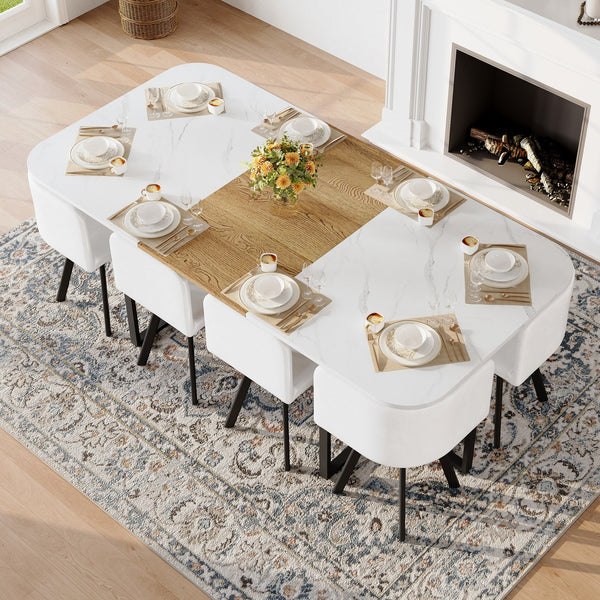 English Elm 9-piece Square Dining Set Faux Marble Wood Grain Table with 8 Leather Chairs W3875S00148