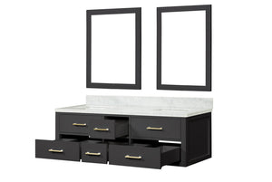 English Elm Black Double Bath Vanity 60 in. W x 22 in. D with Carrara Marble Top, Soft-Close Drawers & Mirrors B2731S01565