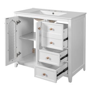 English Elm 36.02-inch white bathroom vanity with ceramic basin, gold round handles, soft-close doors & drawers N729P184710K