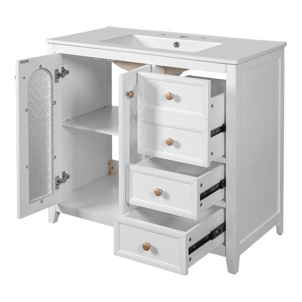 English Elm 36.02-inch white bathroom vanity with ceramic basin, gold round handles, soft-close doors & drawers N729P184710K