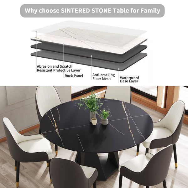 English Elm 59.05" Round Marble Dining Table - Elegant Artificial Marble Top, Black Iron Base For 6-8 Guests W1535S00402